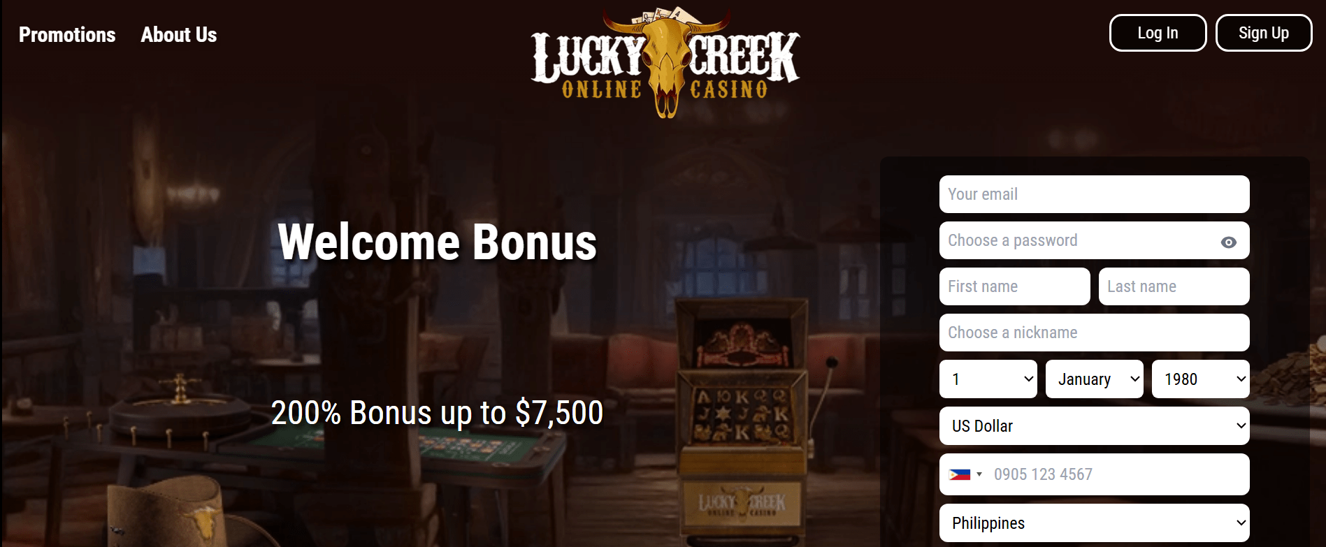 Snapshot of Lucky Creek frontier-themed casino with frequent promos